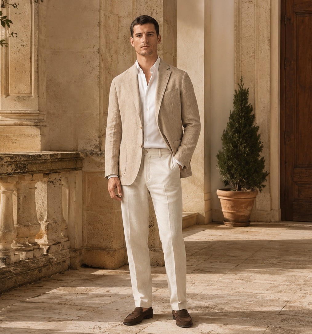A linen suit worn with a white shirt, made to measure