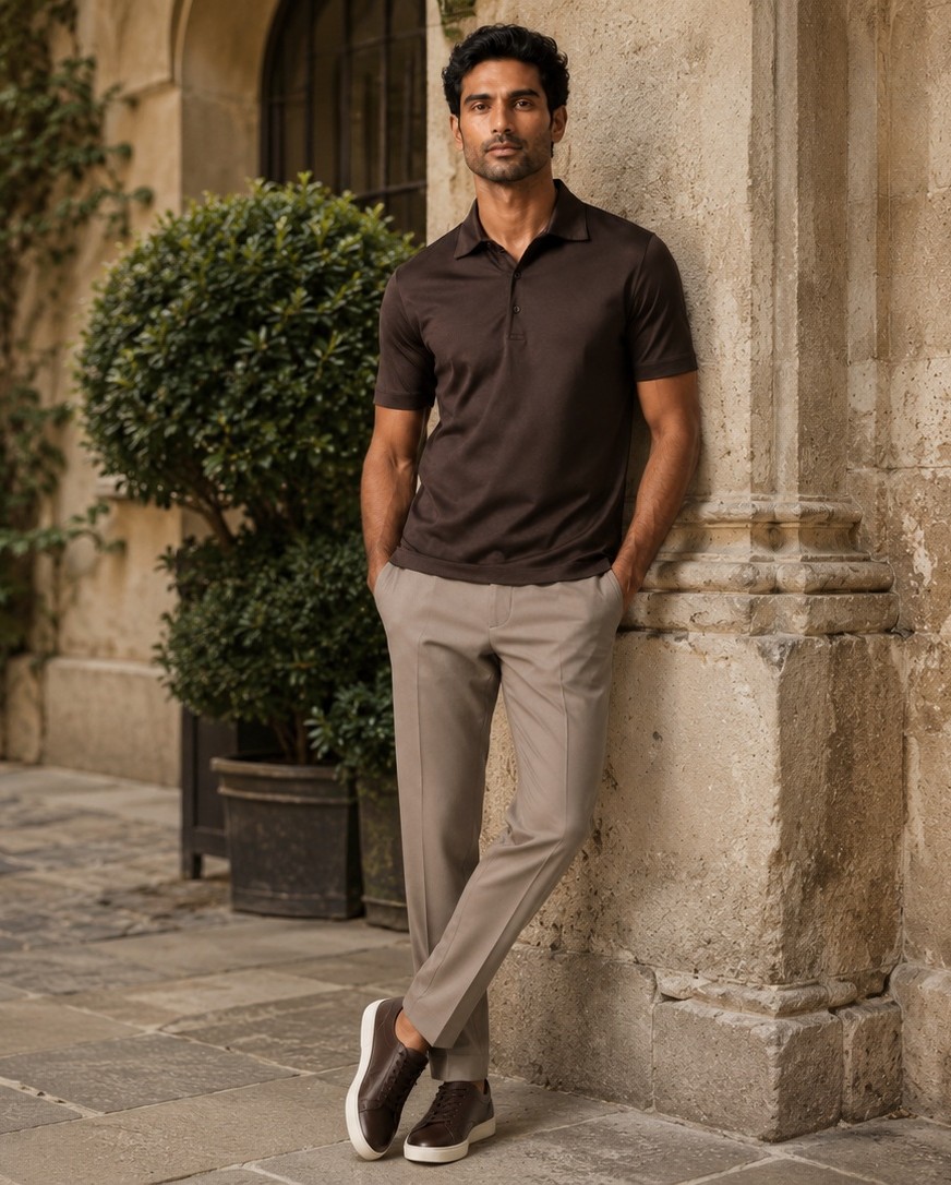 A knitted polo and tailored trousers, worn in a stone courtyard
